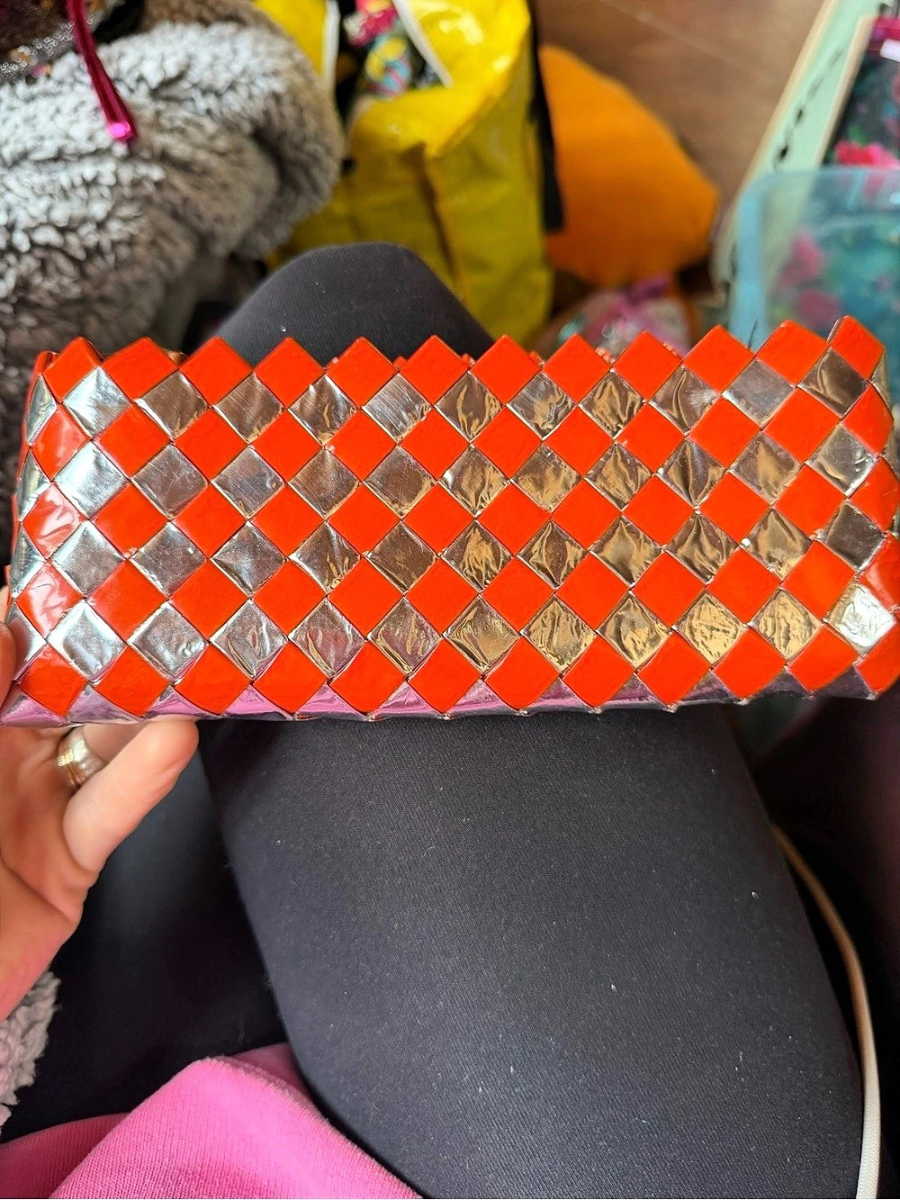Woven Cosmetic Pouch in Orange & Silver